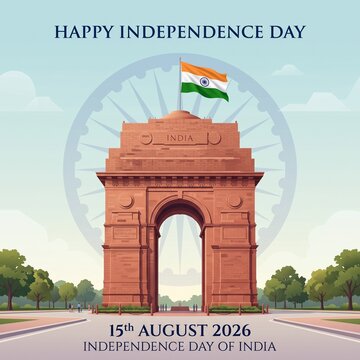 The majestic India Gate monument stands proudly under a waving national flag during the vibrant celebration of independence day in a beautiful bright summer morning scene.