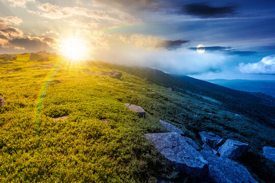 nature scenery with mountain under summer sky. day meet night. sun and moon over alpine landscape of carpathian mountain with grassy slopes. low fluffy clouds on high altitude. summer vacations