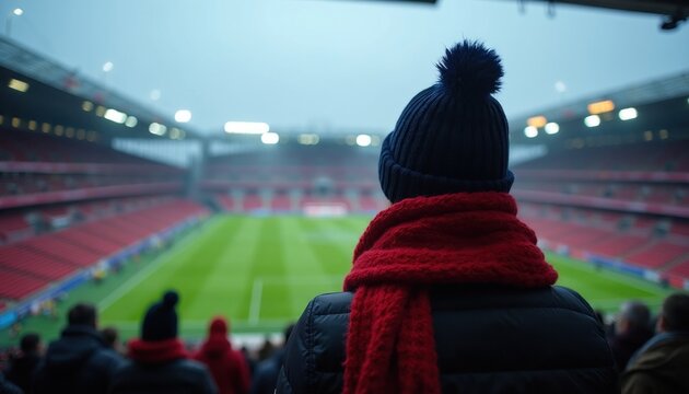 Person wears beanie, red scarf looks at large football stadium. Spectator sits at cold winter sports event watching empty arena field. Fan stands outdoors on stadium bleachers waiting for