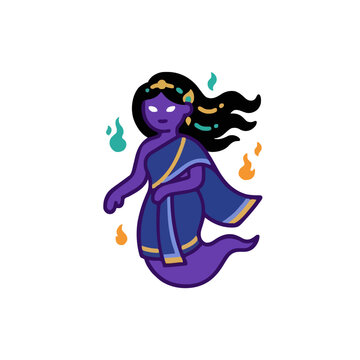 Cute cartoon purple ghost woman in blue sari with mystical glowing fire spirits