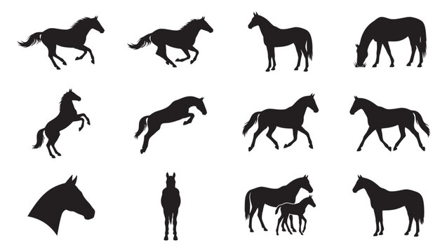 Horse Silhouette Vector Set, Running and Rearing Mustang Icons Bundle
