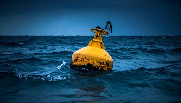 A weathered yellow buoy floats on dark blue choppy water under a clear blue sky