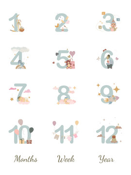 Baby Milestone Numbers Vector for Monthly Photoshoots. Soft Colors.Nursery Numbers Clipart for Baby's First Year