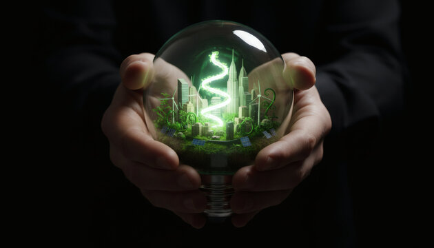 Future of Innovation: A glowing DNA helix and a miniature cityscape are held within a glass bulb, symbolizing sustainable technology and the future of urban development.