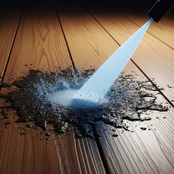High-pressure water spray blasting away dirt and grime from a wooden surface, showing the powerful stream and clean wood reveal underneath, exterior, macro, equipment