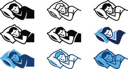Fototapeta premium Sleeping person icon set with pillow rest bedtime nap relaxation and peaceful sleep symbols in blue black vector illustration collection