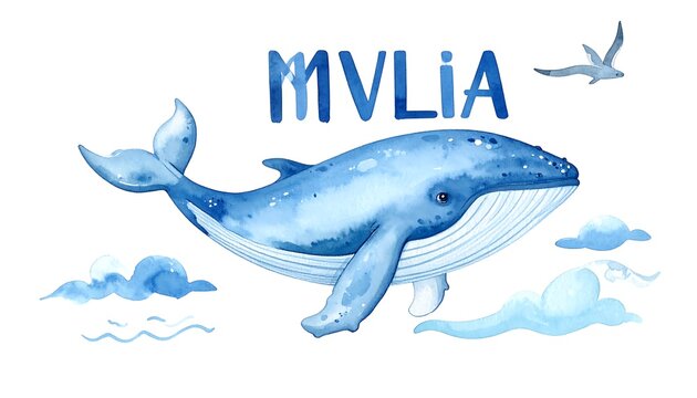 A whimsical blue whale swims amidst clouds and a flying creature under a stylized text
