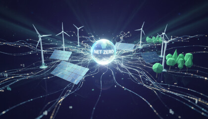 Fototapeta premium Net Zero Energy Transition: A dynamic digital visualization illustrates the global shift towards net-zero emissions, featuring wind turbines, solar panels.