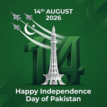 Minar e Pakistan monument standing tall in front of large green digits with fighter jets soaring above during the national independence day celebration of Pakistan