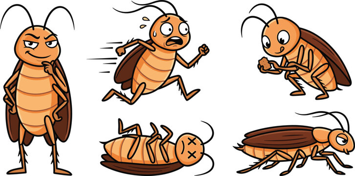 Cartoon Cockroach Character Set with Funny Bug Mascot Poses Including Standing Running Scared Eating Food Dead On Back and Crawling Vector Illustration