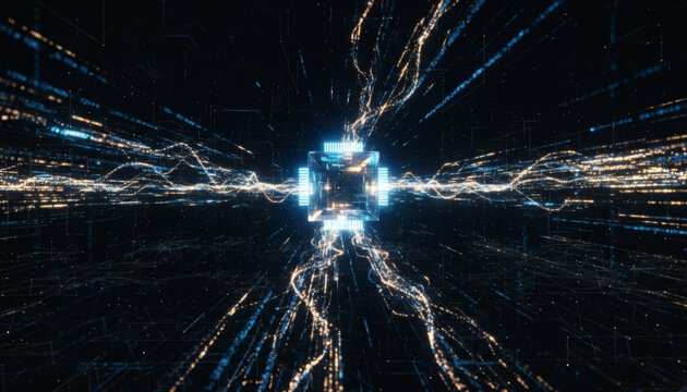Digital Core Energy: An abstract visualization of energetic digital data streams converging and radiating from a central, glowing cube, suggesting immense power and technological advancement.