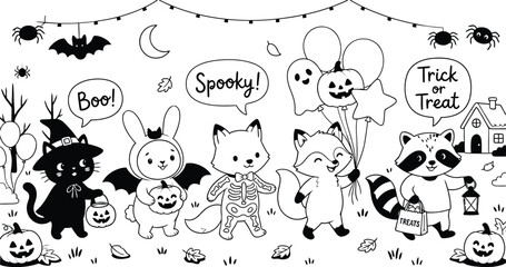 Fototapeta premium Halloween animals parade black and white line art illustration