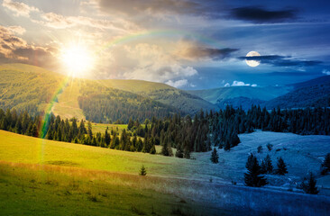 mountainous countryside landscape in summer. day meet night. sun and moon over view of green rural scenery with grassy pastures and rolling forested hills. wonderful mountain weather with cloudy sky © Pellinni
