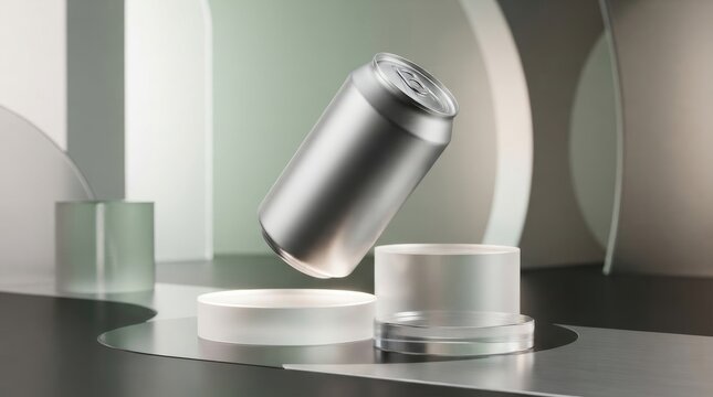 Sleek silver soda can hovering above modern cylindrical stands on a futuristic table