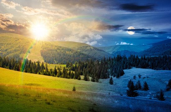 mountainous countryside landscape in summer. day meet night. sun and moon over view of green rural scenery with grassy pastures and rolling forested hills. wonderful mountain weather with cloudy sky