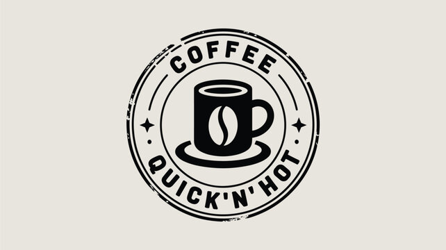 Circular vintage coffee stamp logo with a steaming cup of coffee and the text coffee quick n hot for cafe branding purposes.