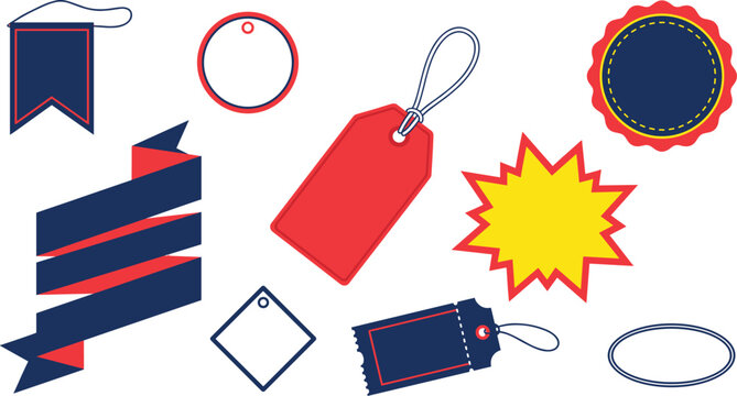 Assorted blank price tags and promotional labels in red and navy blue colors for retail sales and marketing discount campaigns