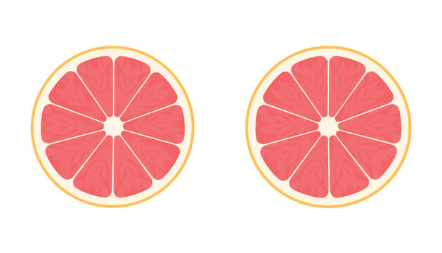 Two identical fresh grapefruit halves showing the internal pink segmented citrus fruit slices in a simple clean flat vector illustration.