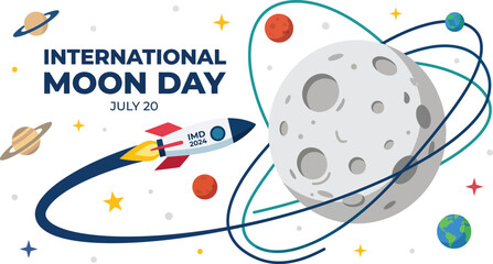 International moon day vector illustration featuring a stylized rocket ship flying towards the lunar surface surrounded by colorful orbiting planets and bright yellow stars against clean simple white © Saif