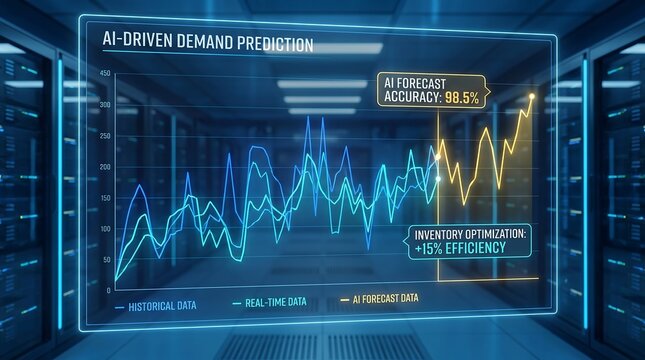 An underground bunker showcases futuristic AI-driven demand prediction graphs on a large screen with blue and yellow lines indicating data trends and optimization efficiency.