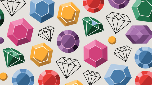 Vibrant background pattern featuring an assortment of colorful polished gemstones and diamond outlines on a neutral light gray field.
