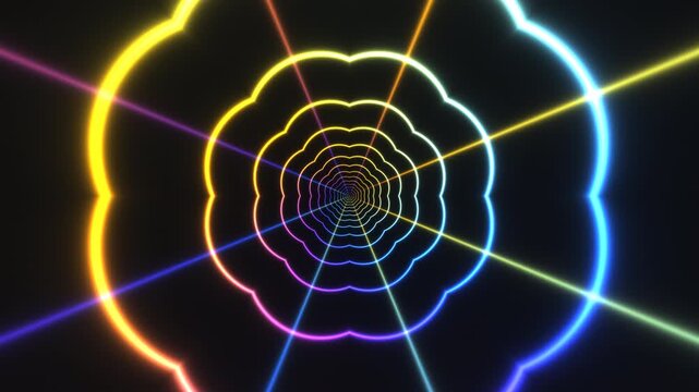 Colorful glowing tunnel with light beams in a dark space