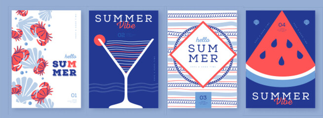 Obraz na płótnie Canvas Set of summer striped sea vacation posters or covers. Flat design. Mediterranean-themed summer vibe backgrounds. Vector illustration