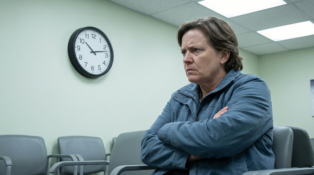 Worried woman sitting in hospital clinic waiting room