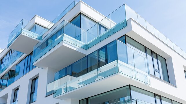 Elegent photo of Modern luxury apartment building exterior with glass balconies against a clear blue sky. Ideal for architectural design and real estate investment concepts.