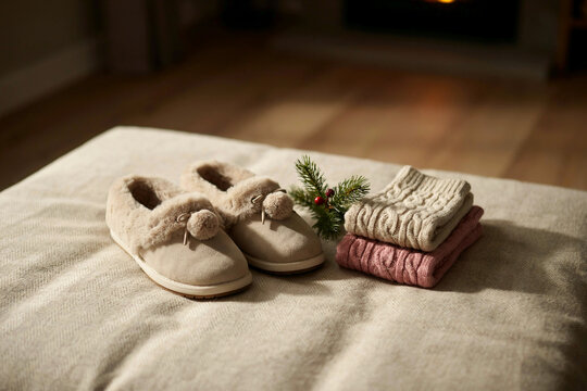 Cozy winter baby slippers with folded knit socks and pine sprig desig