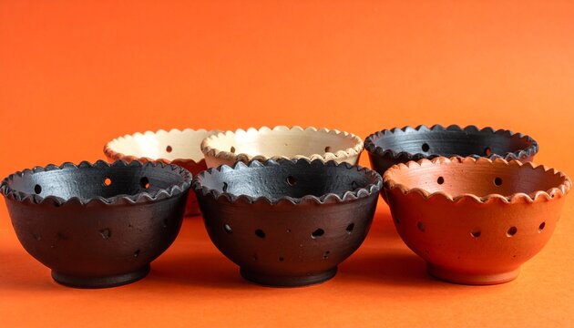 Five Decorative Ceramic Colander Bowls with Scalloped Rims and Perforated Holes Over a Vivid Orange Background