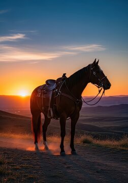 A majestic brown horse stands on a dusty trail during sunset, wearing a leather western saddle and bridle while overlooking a wide valley, equine, leather, wild
