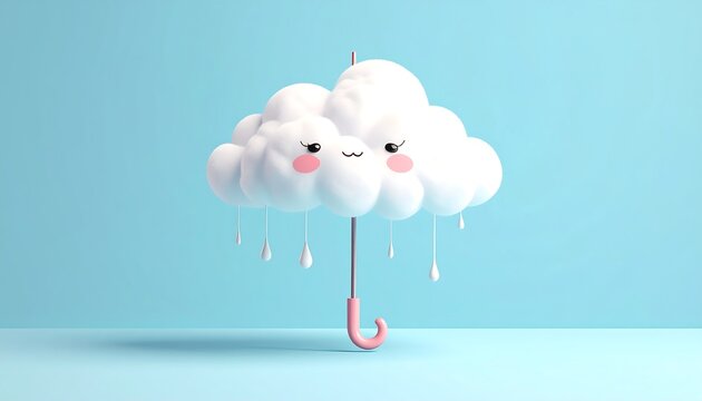 A whimsical cloud with a smiling face and raindrops on a pastel blue background