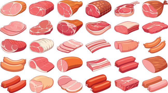 Meat Products Vector Illustration Set, Raw Beef, Pork, Ham, Bacon, Sausage and Steak Cuts, Butcher Shop Icons Flat Design
