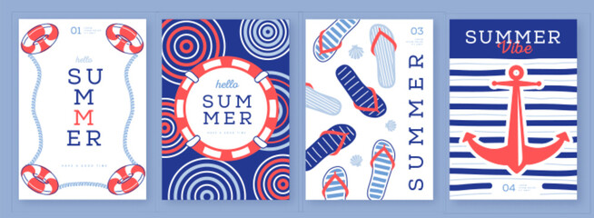 Set of summer striped sea vacation posters or covers. Flat design.  Mediterranean-themed summer vibe backgrounds. Vector illustration © annbozhko