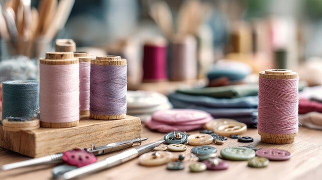 Sewing supplies with colorful thread spools and buttons on a wooden table.