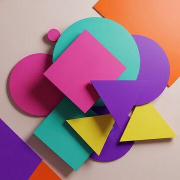 Abstract composition featuring overlapping basic geometric shapes, including squares, circles, and triangles, in vibrant colors, school, vibrant, modern