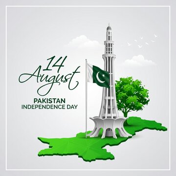 Minar e Pakistan monument standing tall on a bright green map with a waving national flag to celebrate the fourteenth of August independence day event