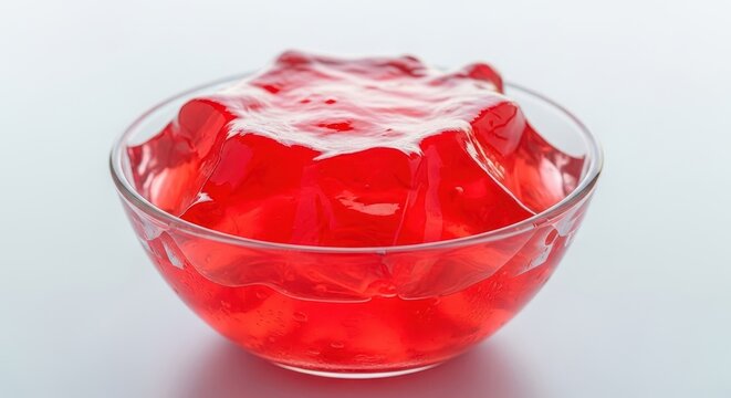 Vibrant strawberry-flavored gelatin dessert served in a clear glass bowl, showcasing its translucent, wobbly, and refreshing texture, texture, berry, colorful