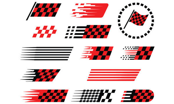 Collection of red and black racing flags, checkered patterns, and speed lines for vehicle decals isolated on a white background, for sports