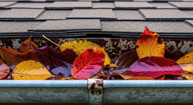 Vibrant wet autumn leaves trapped and decaying in a dirty metal rain gutter system high up on the edge of a shingled roof, fall, wet, autumn