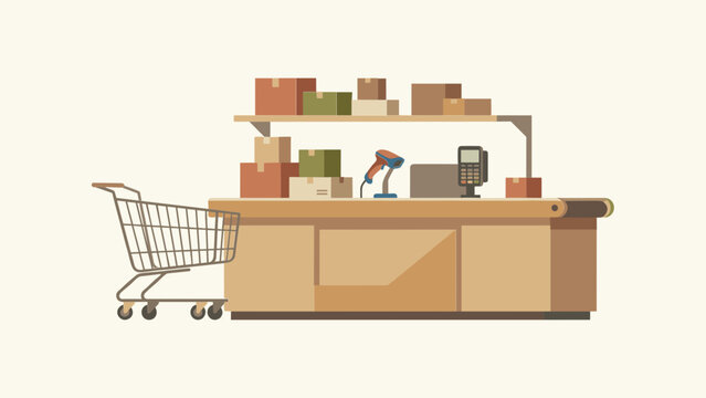 Empty Shopping Cart Beside Retail Checkout Counter With Various Cardboard Delivery Parcels And Barcode Scanner Equipment