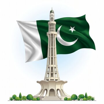 Minar e Pakistan tower standing tall with the green and white national flag waving proudly in the soft light against a clean and simple white background