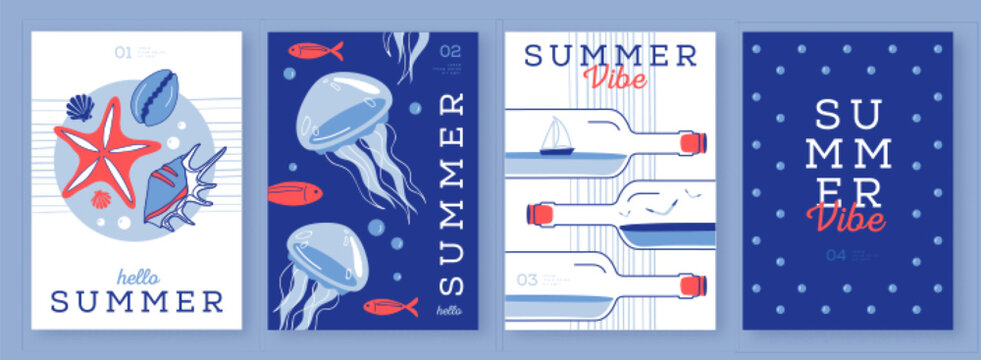 Set of summer striped sea vacation posters or covers. Flat design.  Mediterranean-themed summer vibe backgrounds. Vector illustration