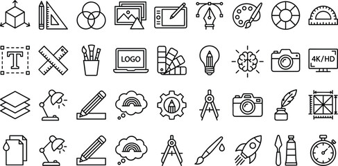 Fototapeta premium Graphic Design and Digital Art Studio Thin Line Icon Set for Creative Industry Software, Vector Branding, and Project Workflow Media Designs