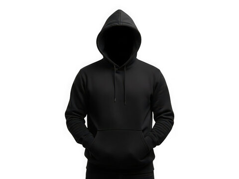 Person wearing a black hoodie mockup with hidden face isolated on transparent background