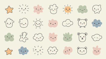 Obraz premium Hand drawn doodle set featuring cute smiling clouds, suns, stars, and animal faces in pastel colors on a light beige background