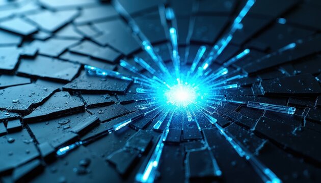 Abstract blue light bursts through shattered dark glass texture, creating chaotic pattern. Broken shards spread outwards, wet surface reflects glow. Digital glitch effect, danger warning.