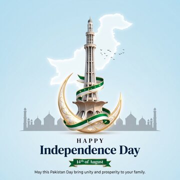 Minar e Pakistan monument standing tall with a golden crescent moon and green ribbon celebrating the fourteenth of august national independence day with patriotic pride