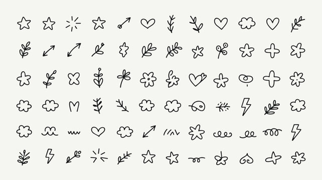 Hand drawn doodle set featuring stars, hearts, flowers, arrows, clouds, and lightning bolts on a light beige background, for projects